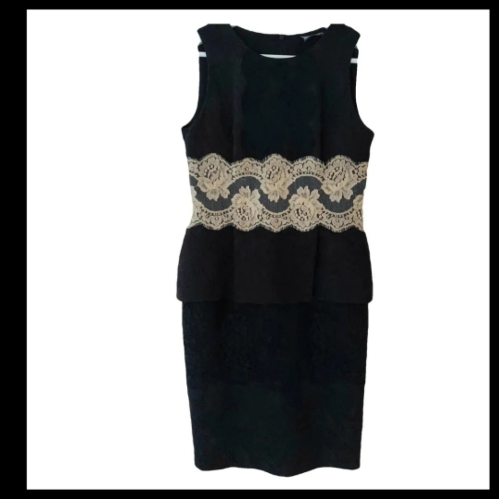 Dolce & Gabbana Peplum Lace Dress Size 12 | Black Beige Jacquard Cocktail